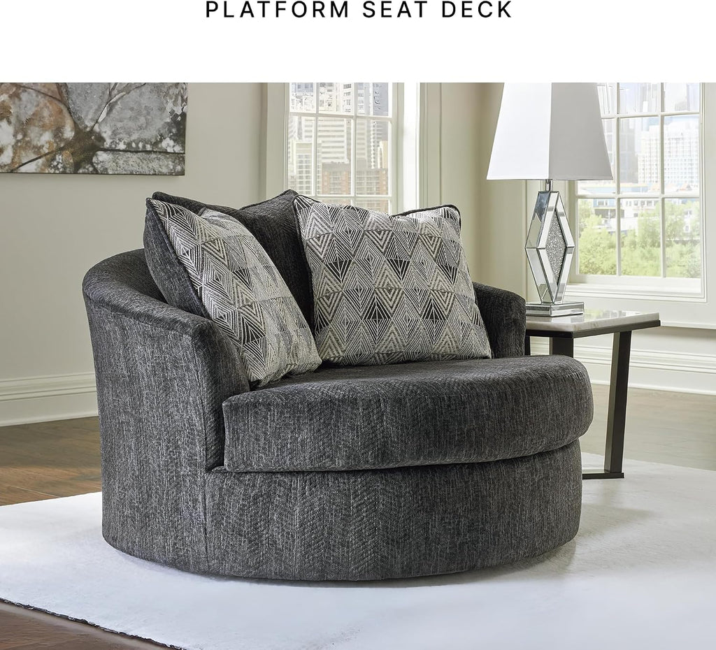 Signature Design by Ashley Biddeford Transitional Upholstered Oversized Swivel Accent Chair with 3 Accent Pillows, Black