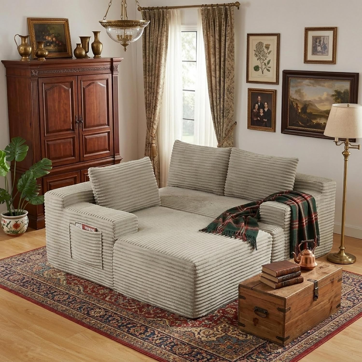 96' Corduroy Sectional Sofa Boneless Couches for Living Room - L Shaped Compressed Cloud Couch with Left Facing Chaise Lounge and Side Pockets