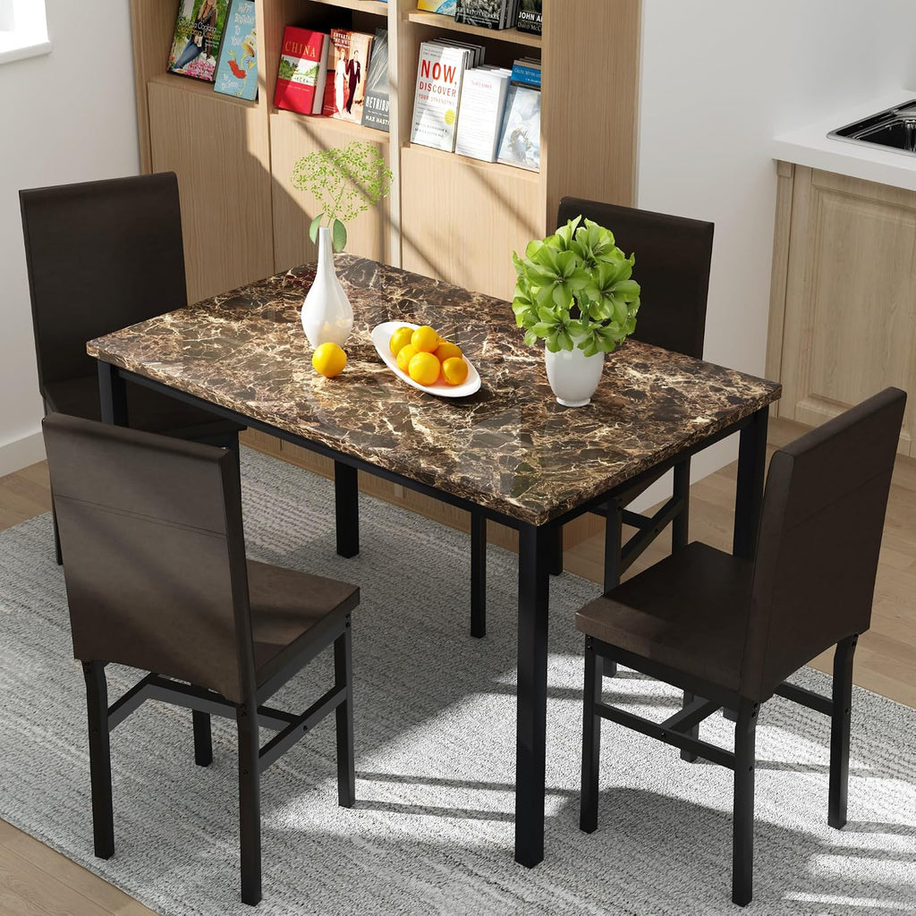 DKLGG Dining Table Set for 4, Modern Kitchen & Dining Room Sets Faux Marble Table with 4 Leather Chairs for Small Space, Home Kitchen, Apartment, Brown