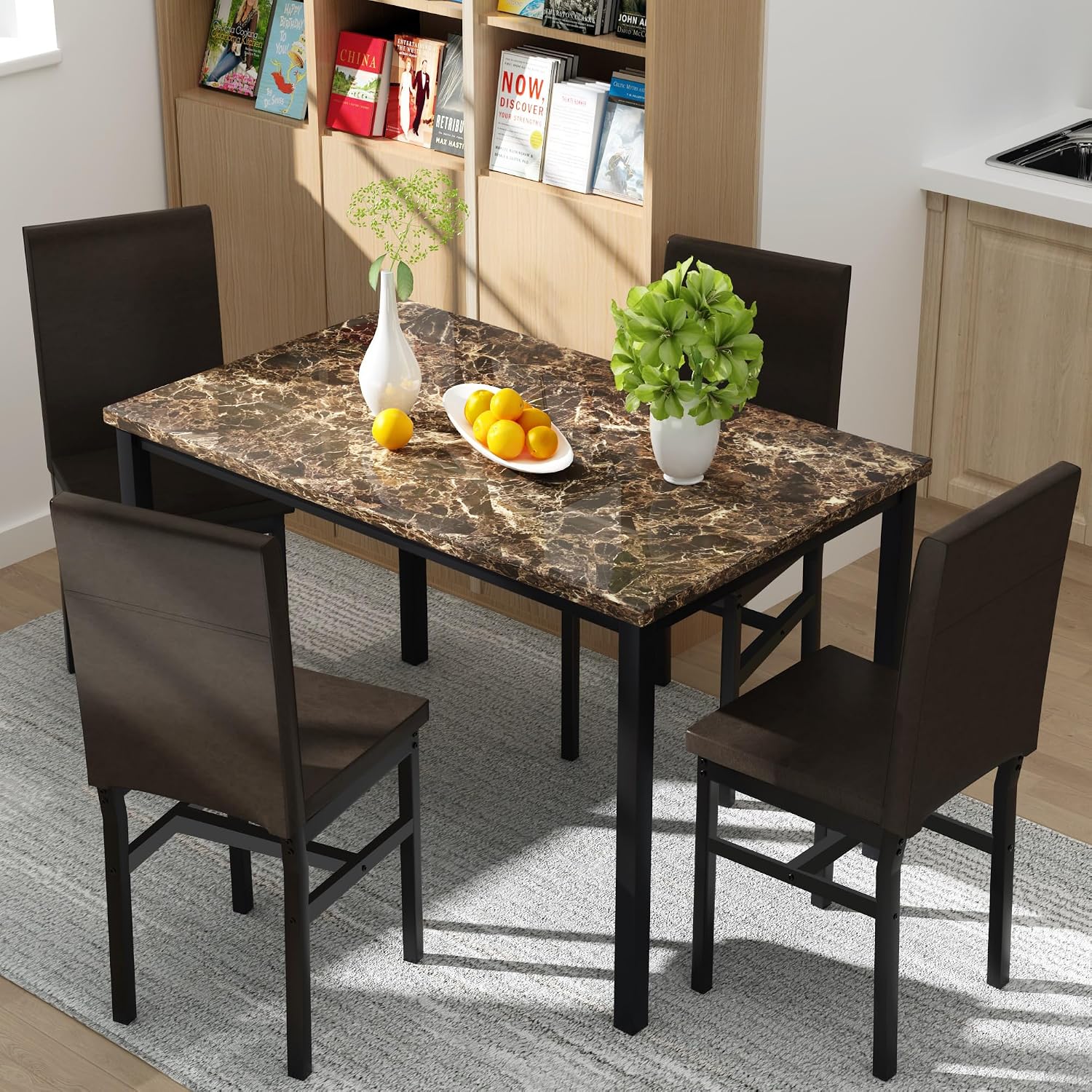 DKLGG Dining Table Set for 4, Modern Kitchen & Dining Room Sets Faux Marble Table with 4 Leather Chairs for Small Space, Home Kitchen, Apartment, Brown