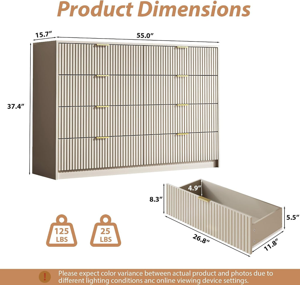 MAISONARIA Beige Dresser for Bedroom, 8 Drawer Double Dresser, Modern Chest of Drawers for Bedroom, Living Room, Entryway and Closet, 55' L x 15.7' D x 37.4' H