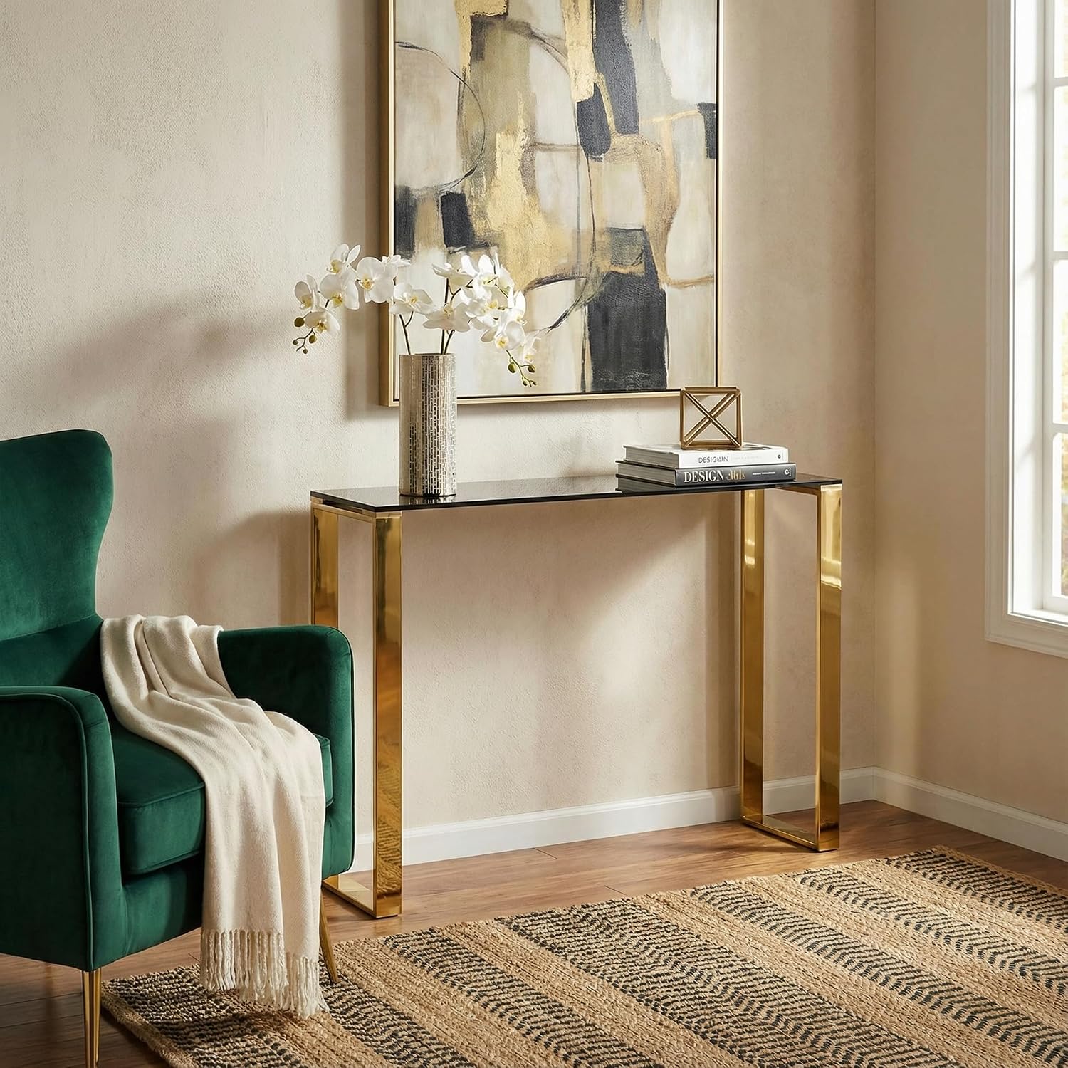 Cortesi Home Remini Narrow Contemporary Glass Console Table in Polished Gold Finish, Black Glass