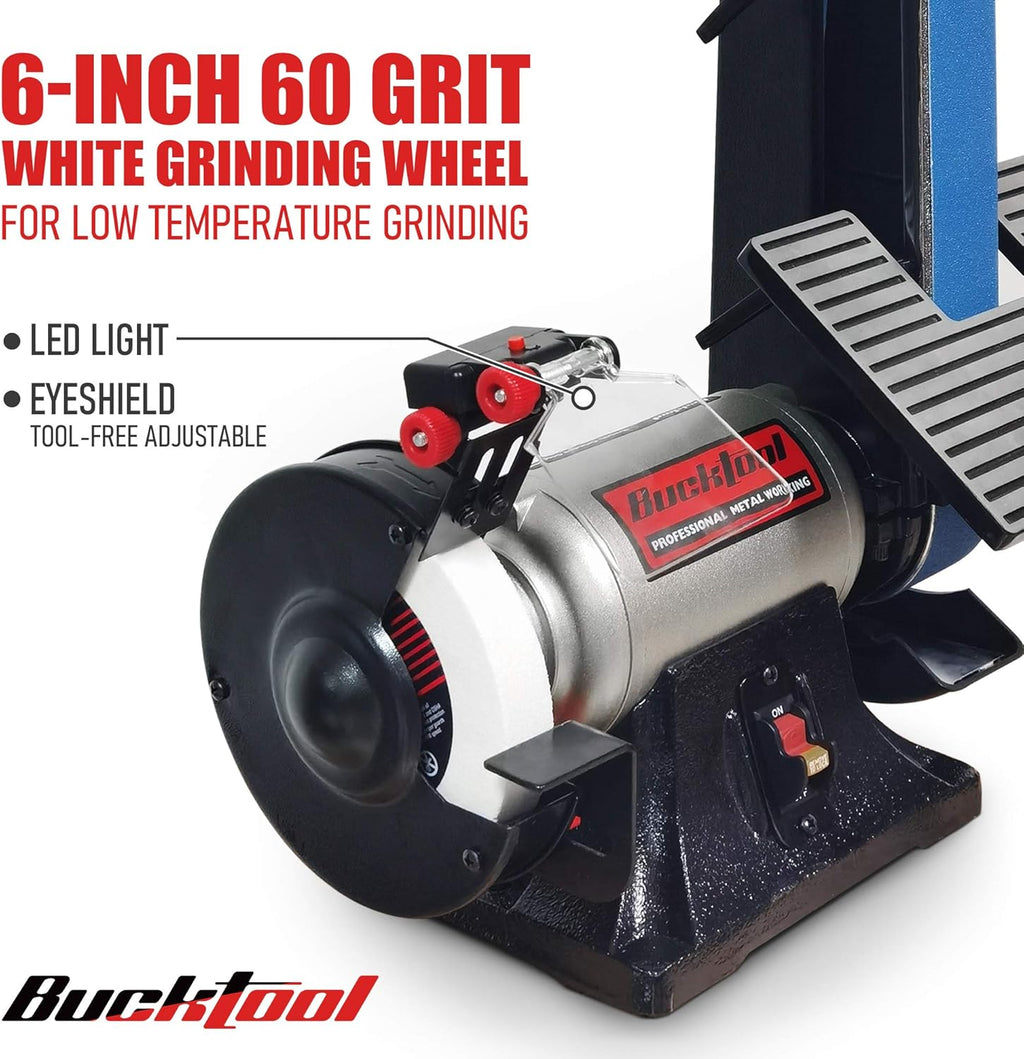 Bucktool 2 x 42 Belt Sander and 6 Inch Bench Grinder Combo, 1/2 HP 3.5 Amp Knife Sharpener for Knife Making, Metalworking, Woodworking, Benchtop Belt Grinder with Large Work Table