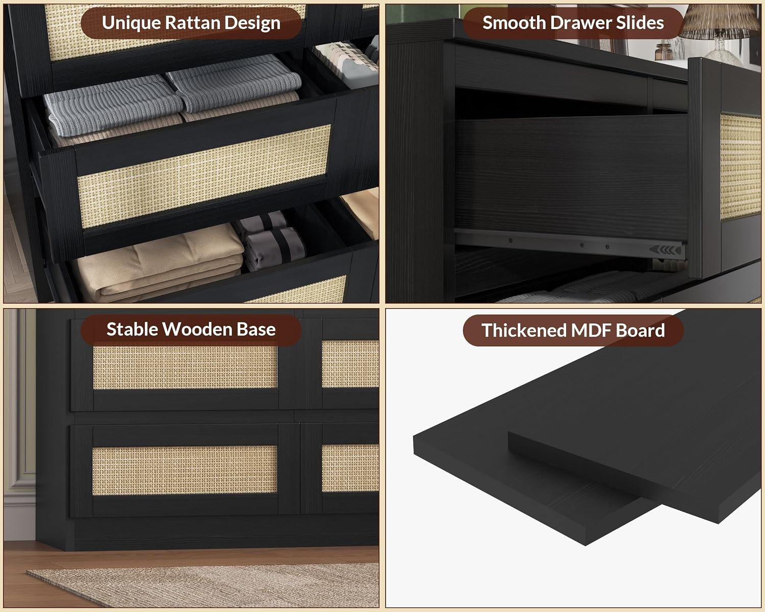 Patikuin Rattan Dresser for Bedroom, Modern 6 Drawer Dresser, Wide Chest of Drawers with Anti-Tip Kit & Smooth Slide Rail, Wood Storage Dressers for Closet, Hallway, Living Room, Black