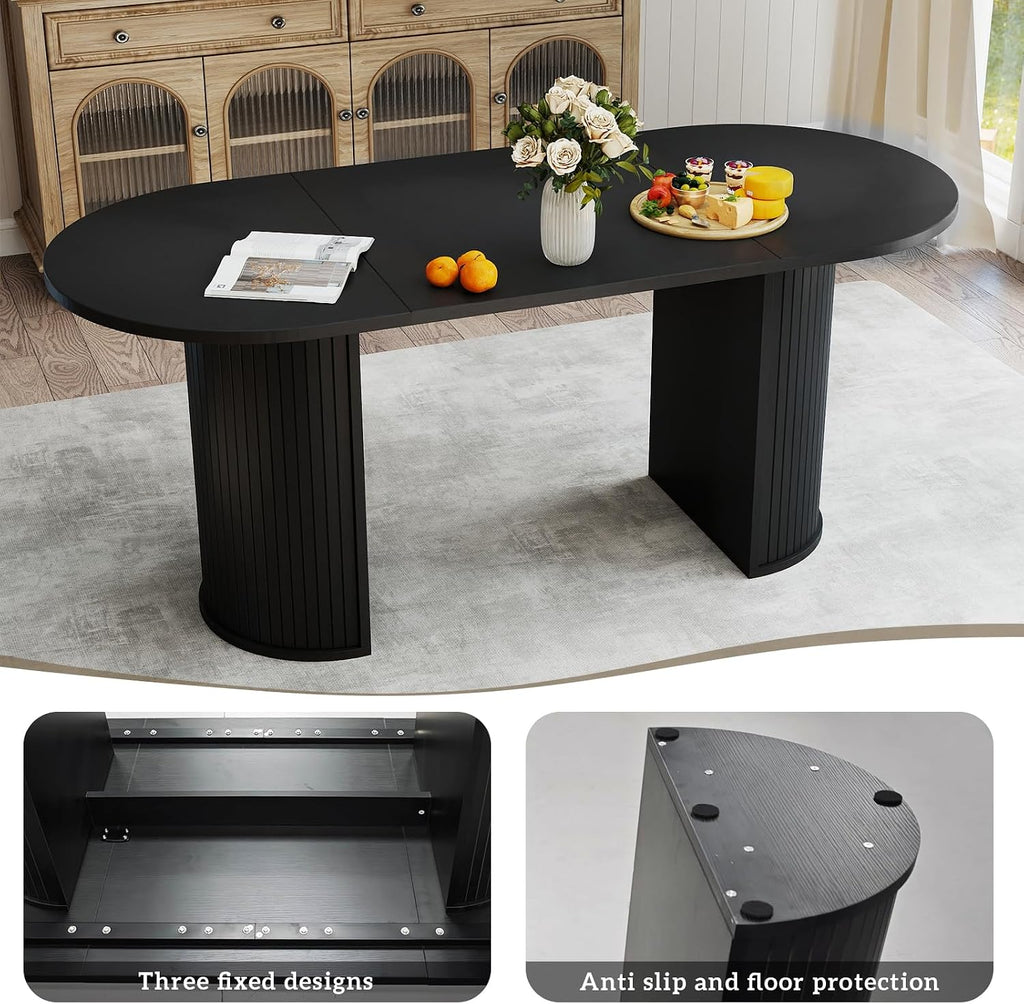 70.8' Oval Dining Table for 4-6 Persons, Fluted Pedestal Base Mid Century Wood Veneer Kitchen Table with Curved Edges for Dining Room, Apartment, Small Spaces, Black
