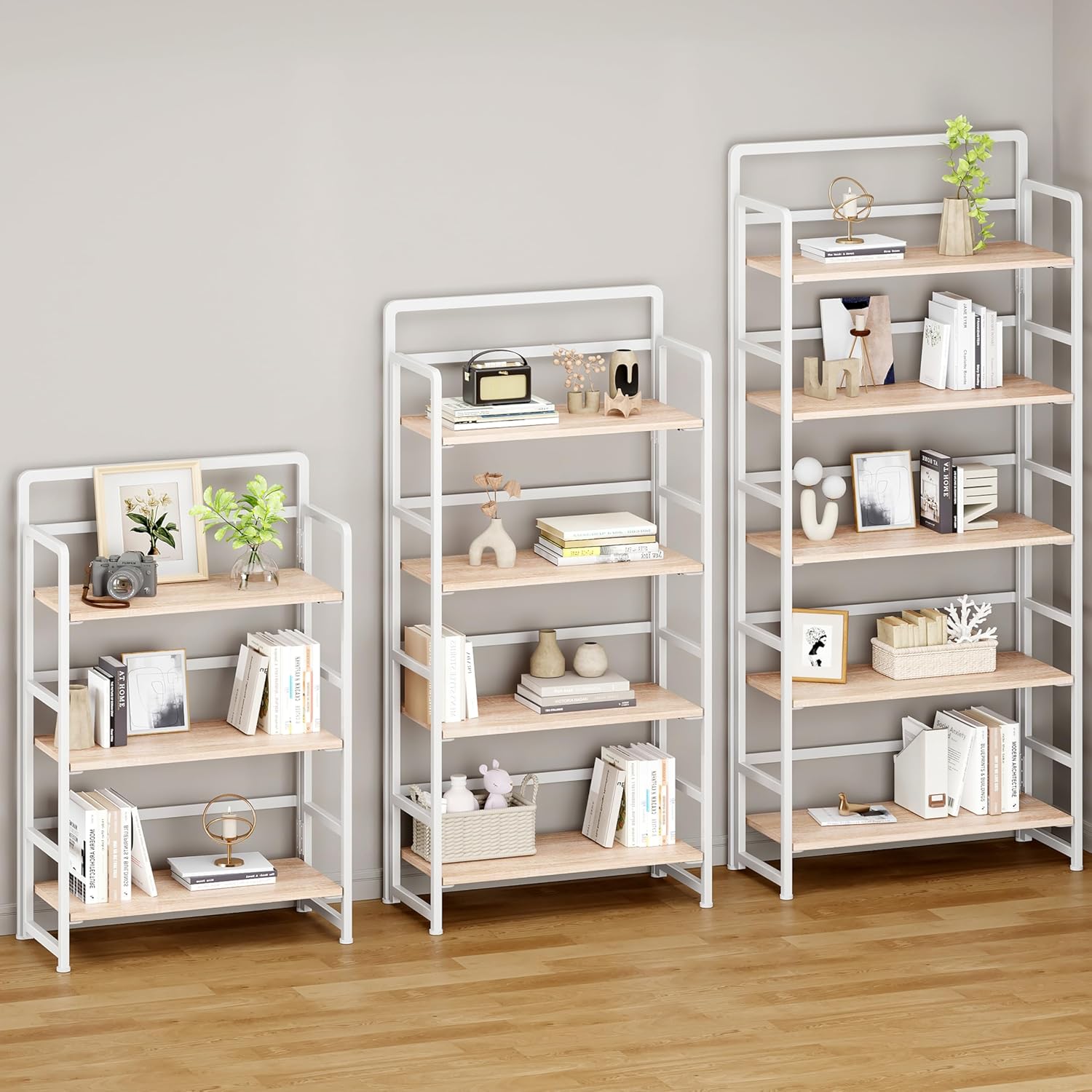 No Assembly Folding Bookshelf, 4 Tiers Collapsible Book Shelf for Home Office, Vintage Wood Foldable Bookcase Storage Organizer for Living Room Bedroom (Beige)