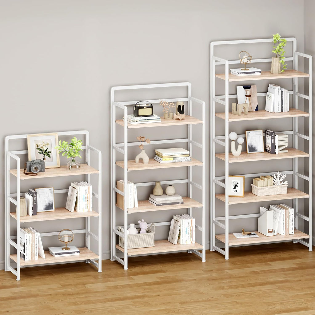 No Assembly Folding Bookshelf, 5 Tiers Collapsible Book Shelf for Home Office, Vintage Wood Foldable Bookcase Storage Organizer for Living Room Bedroom (Beige)