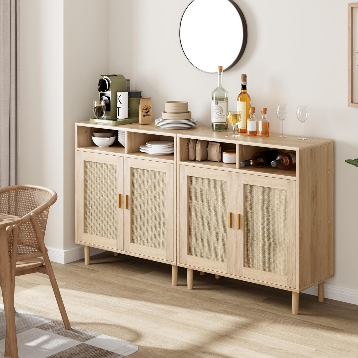 IDEALHOUSE Sideboard Buffet Storage Cabinet, Rattan Kitchen Cabinet with 2 Doors/Shelf, Accent Modern Dining Living Room Entry Hallway Coffee Bar Furniture for Home Decor,36''H