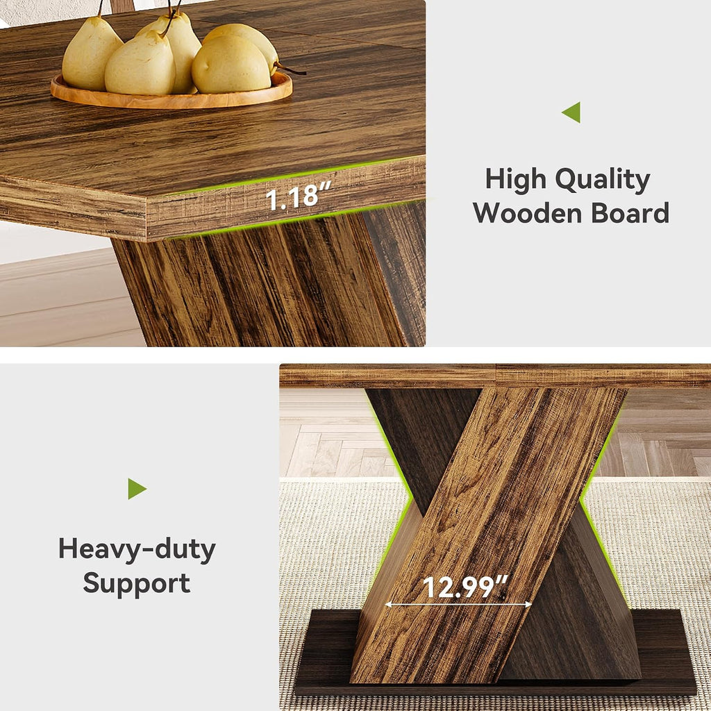 LITTLE TREE 55-Inch Dining Table for 6, Wooden Rectangle Kitchen Table, Large Dining Room Tables, Industrial Dinner Table with Heavy Duty Pedestal, Rustic Brown