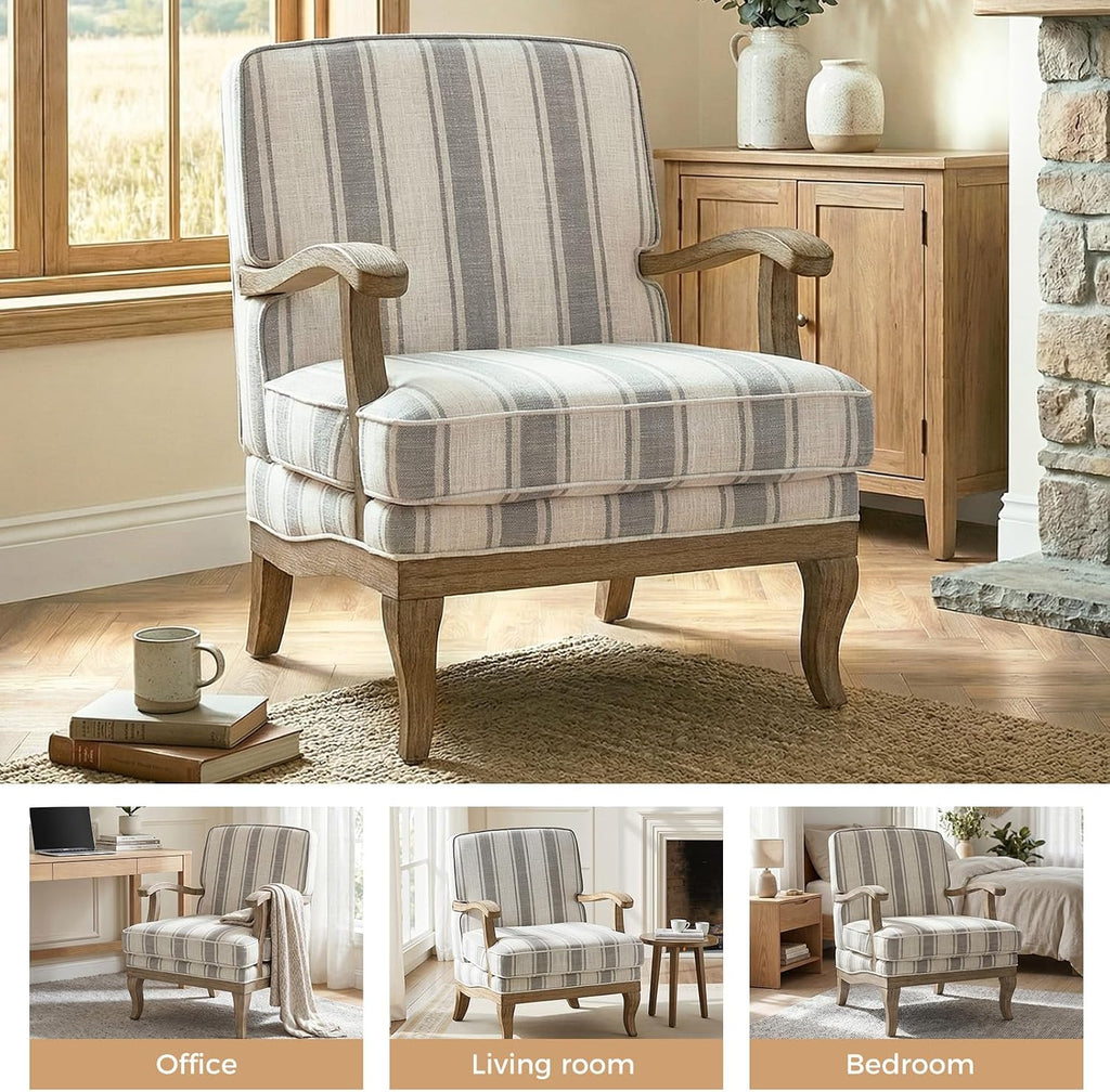 HULALA HOME Upholstered Accent Chair, Mid-Century Modern Striped Chair with Graceful Curves and Wooden Legs, Comfy Lounge Armchair Striped Accent Chairs for Living Room, Bedroom (Grey)
