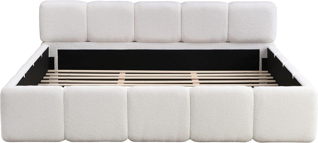 Christopher Knight Home Hazel California King Size Platform Bed, Boucle Thick Headboard and Footboard, Upholstery Grounded Beds, Wood Slat Panel Support, No Spring Box Needed, Easy Assembly, White