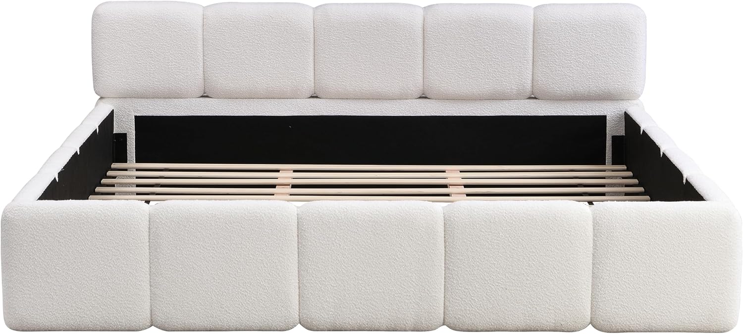 Christopher Knight Home Hazel California King Size Platform Bed, Boucle Thick Headboard and Footboard, Upholstery Grounded Beds, Wood Slat Panel Support, No Spring Box Needed, Easy Assembly, White