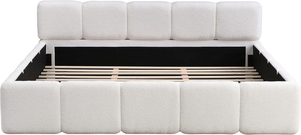 Christopher Knight Home Hazel King Size Platform Bed, Boucle Thick Headboard and Footboard, Upholstery Grounded Beds, Block Style, Wood Slats Panel Support, No Spring Box Needed, Easy Assembly, White