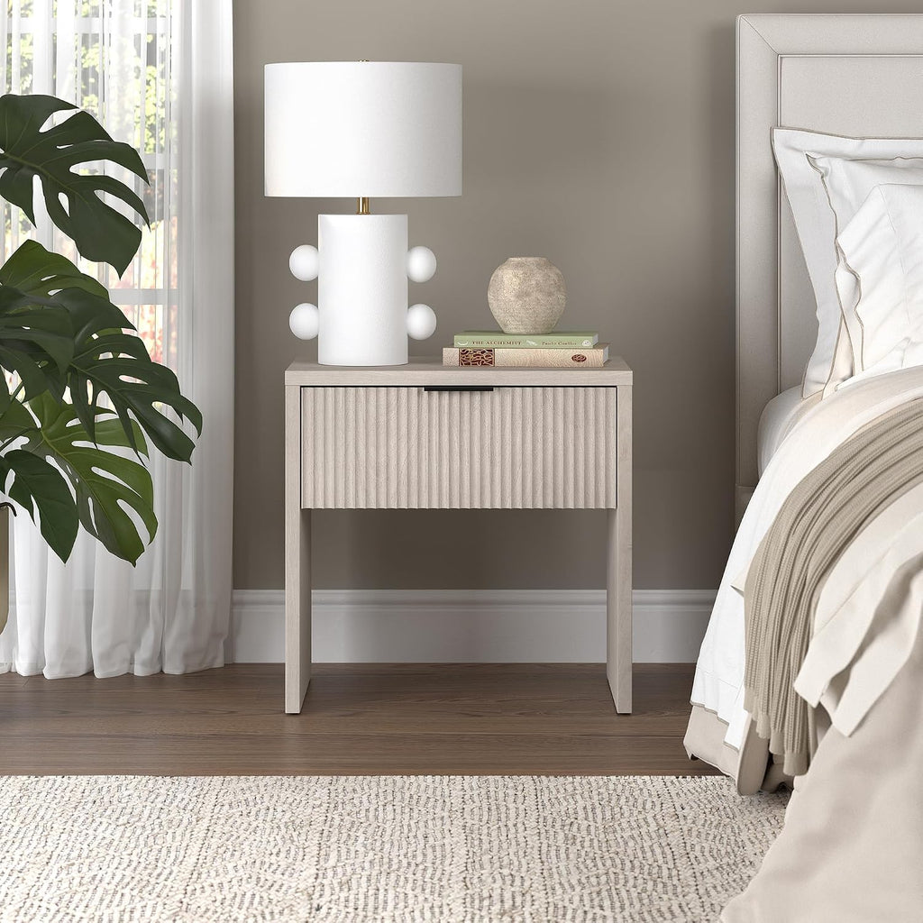 Henn&Hart 24' Fluted Modern Wooden Nightstand, Ribbed Side Table with Storage Drawer and Open Storage Space for Bedroom, Living Room, or Home Office, Beech White