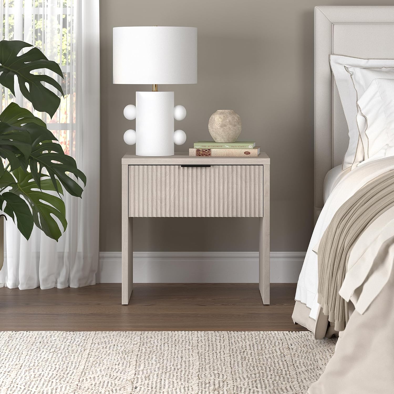 Henn&Hart 24' Fluted Modern Wooden Nightstand, Ribbed Side Table with Storage Drawer and Open Storage Space for Bedroom, Living Room, or Home Office, Beech White