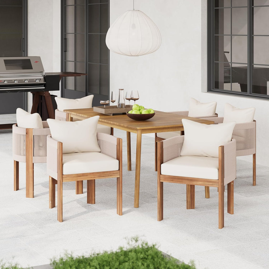 Christopher Knight Home Kclent Patio Acacia Wood Dining Set for 6 People, Outdoor Table & Chairs with Curved Rope Arm, Removable Cushions, 7 Piece Patio Dinner Set for Backyard Deck, Teak+ Beige