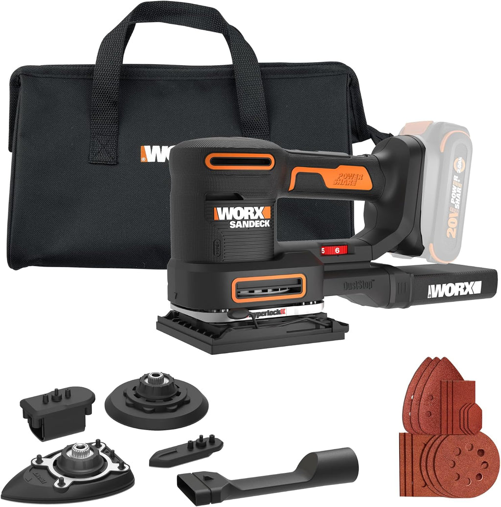WORX Cordless Sander, 20V 10,000 orbits/minute Electric Sander, 5-in-1 Functions, Tool-less Sanding Pad Change, Tool Only, PowerShare