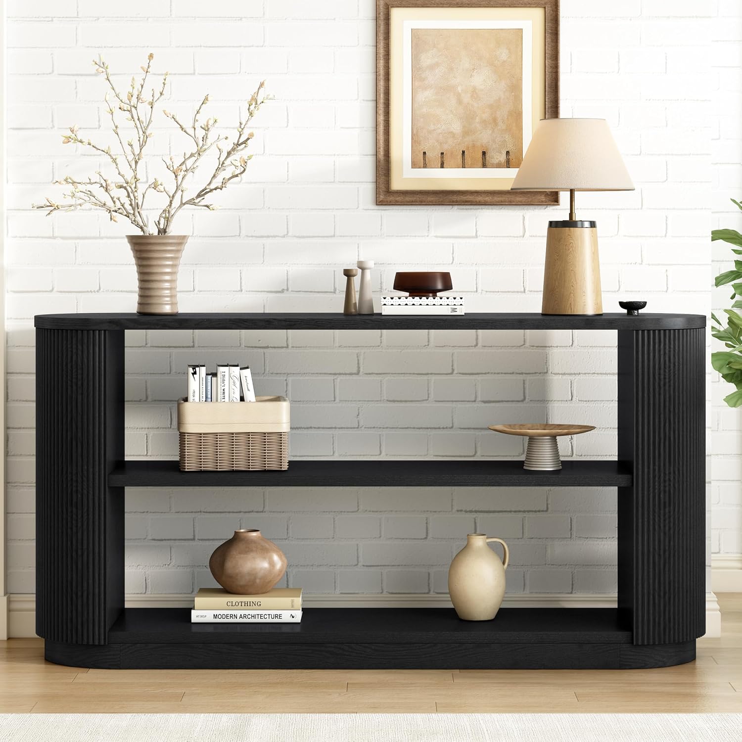 Merax Modern Entryway Console Table with Triple-Tier Storage, Slim Sofa Table with Open Shelf & Elegant Wood Grain, Multi-Functional Hallway Table for Living Room, Black