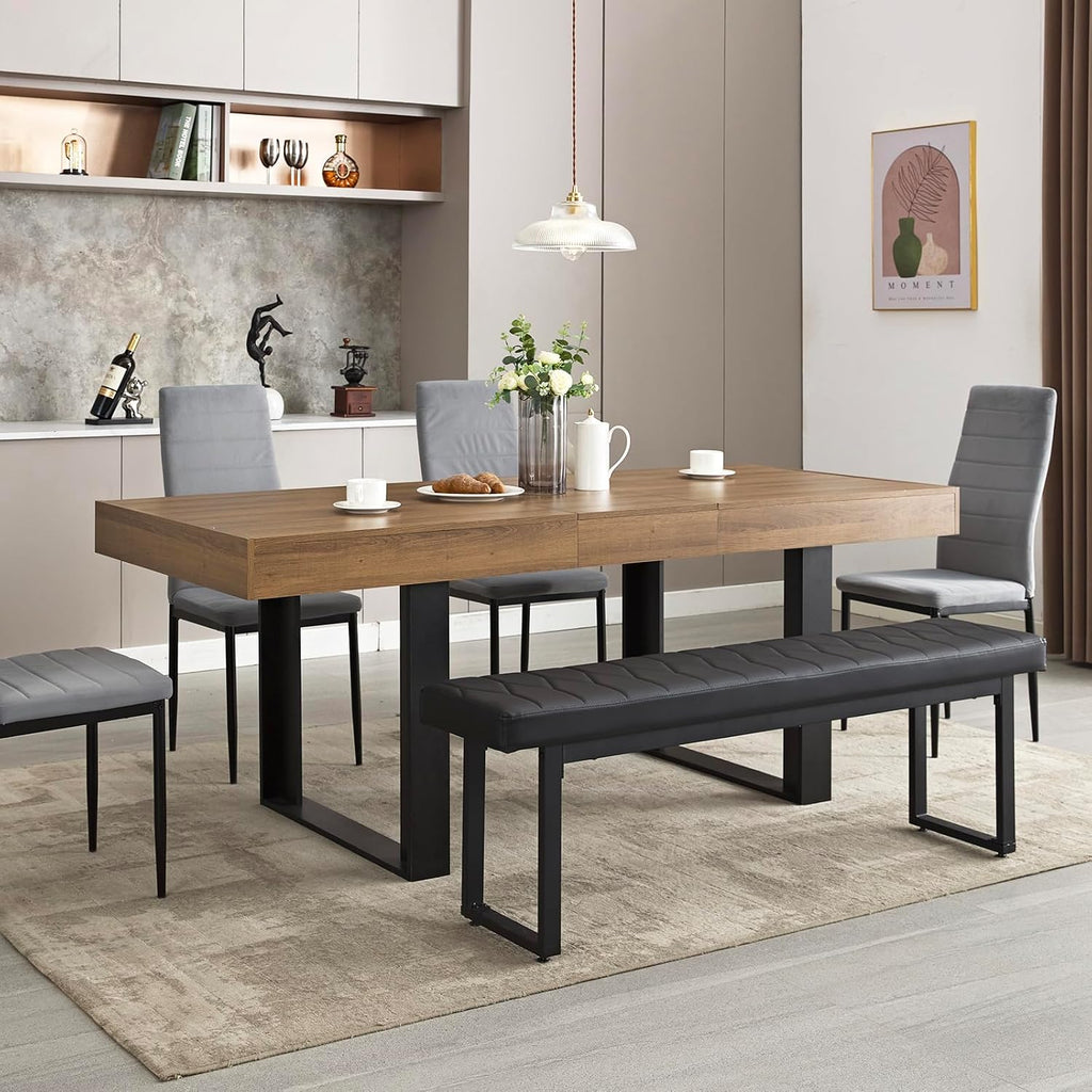 STHOUYN 63'-79' Extendable Dining Room Table, Modern Farmhouse Wooden Kitchen Table, Long Expandable Dining Table for 6 8 10, Large Expanding Tables Conference Tables (Walnut Brown)