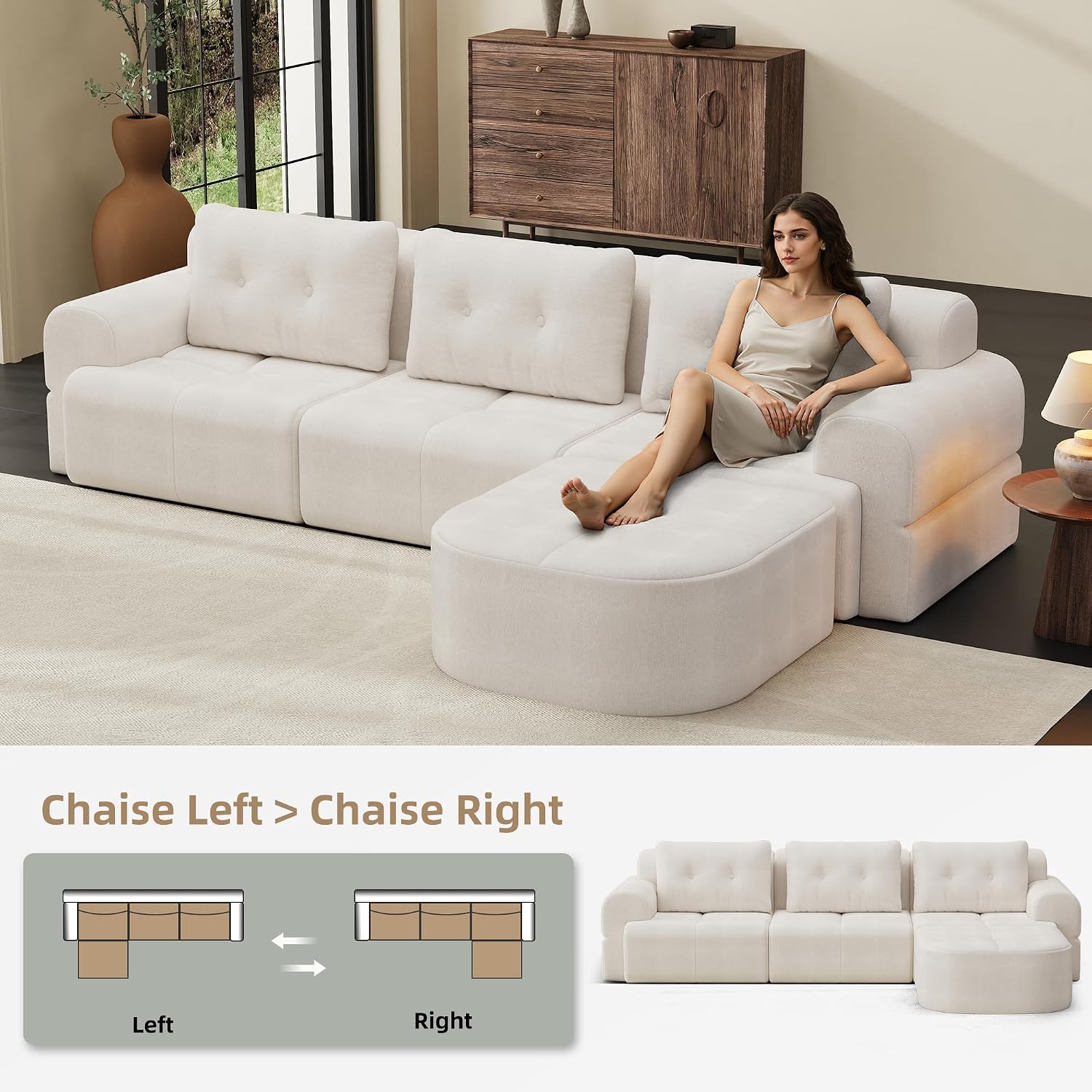 112' Compressed Boneless Sectional Sofa with Movable Ottoman Convertible L Shaped Modular Corner Couch for Living Room - Oversized Cloud Couches W/Tufted Cushions and Deep Seat