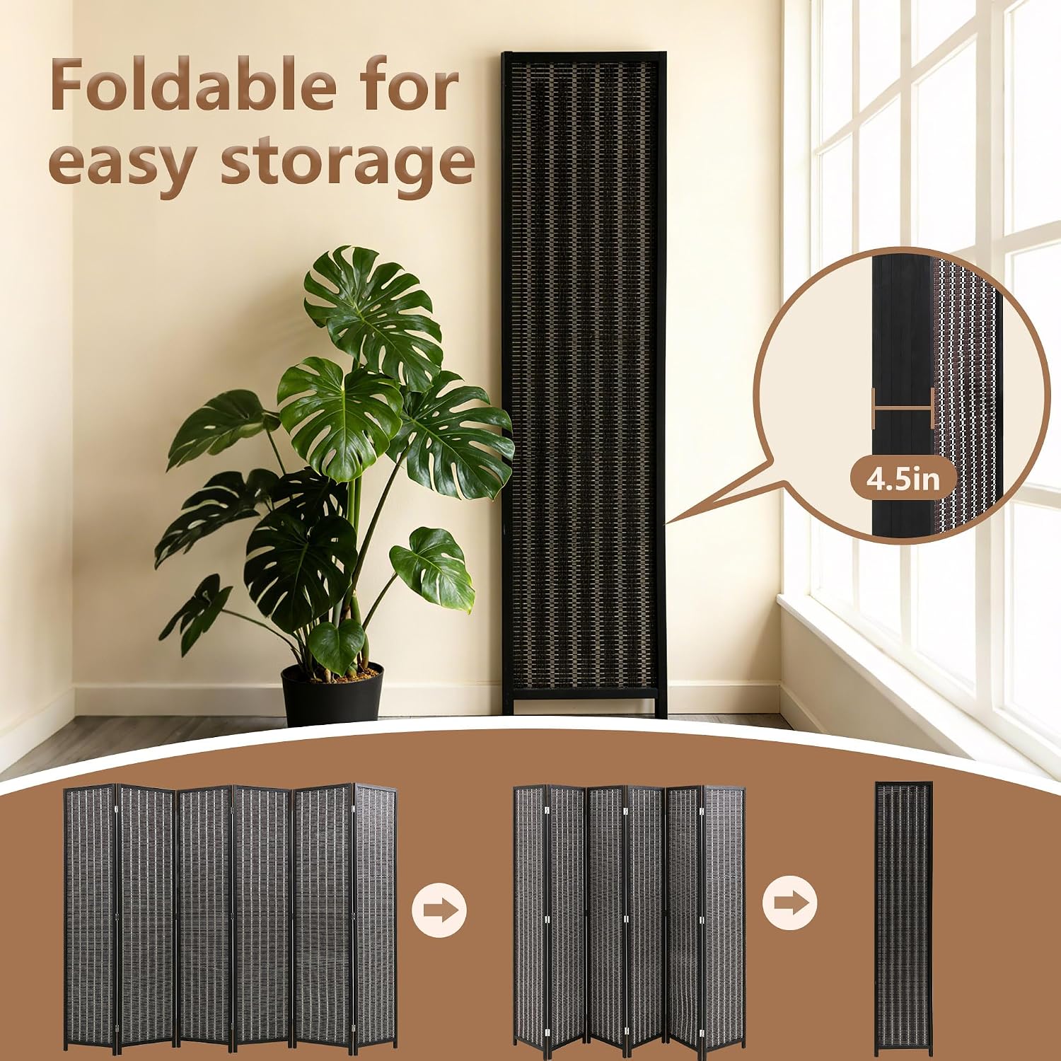 FDW Bamboo Room Divider Folding Privacy Screen 6 Panel 70 Inches High 17 Inches Wide Room Divider for Bedroom Office Study,Coal Black