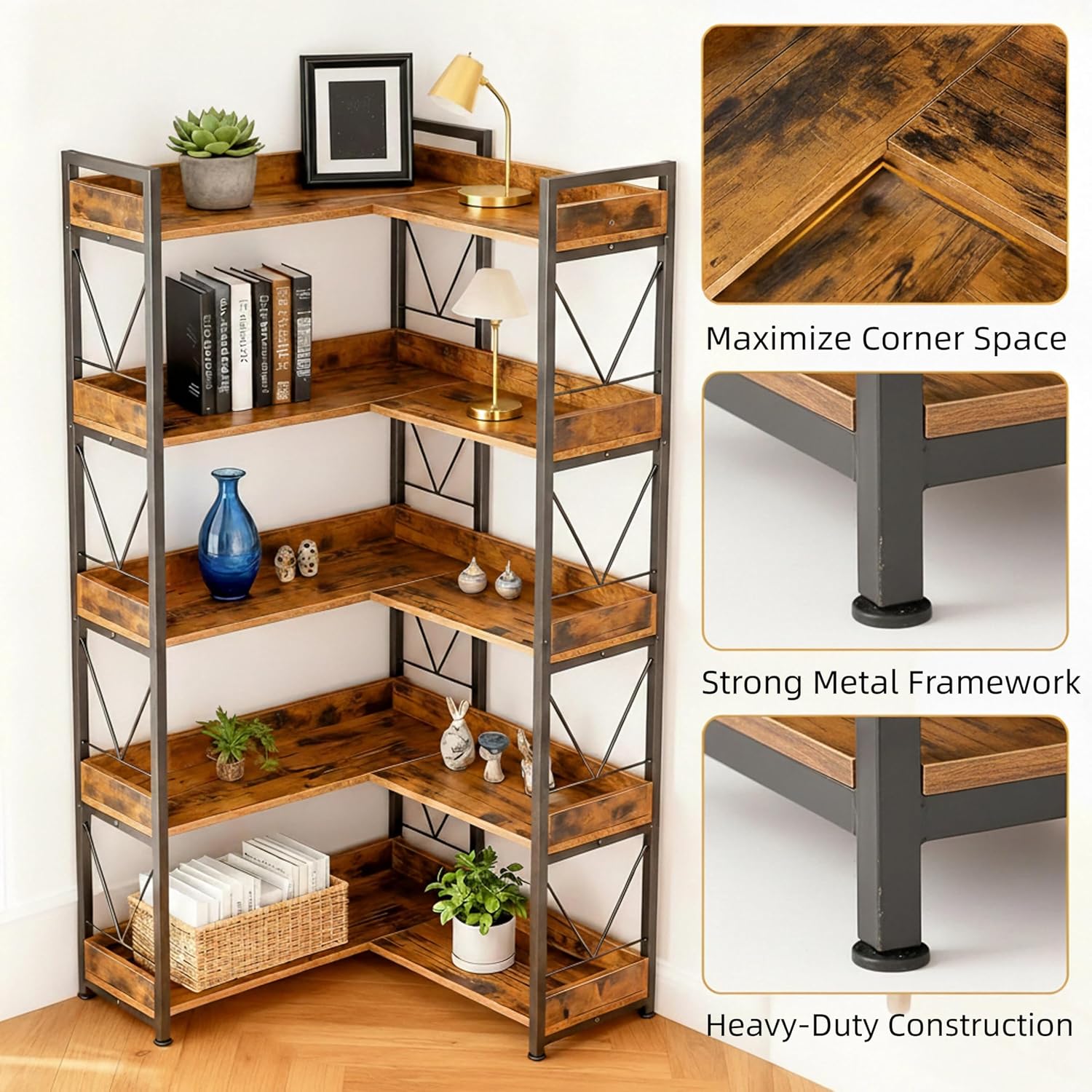 Simple Deluxe 5-Tier Industrial L-Shaped Corner Bookshelf 65', Open Storage Shelving with Hooks & Edge Trim, Sturdy Metal Wood Frame for Living Room, Bedroom, Home Office, Kitchen, Brown
