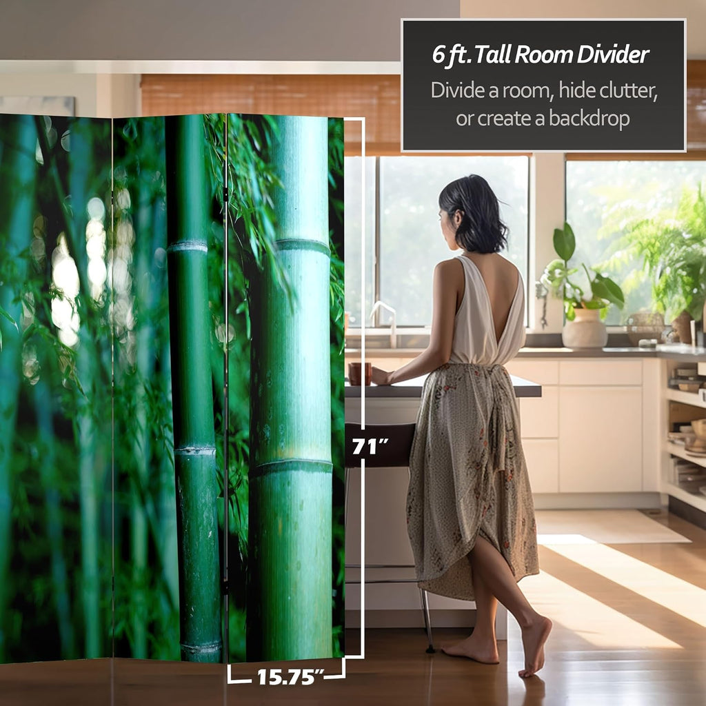 Red Lantern 6 ft. Tall Double Sided Bamboo Tree Canvas Room Divider 4 Panel 4 Panel Freestanding Folding Privacy Screen, Partition, and Separator for Modern and Contemporary Bedroom, Home Office
