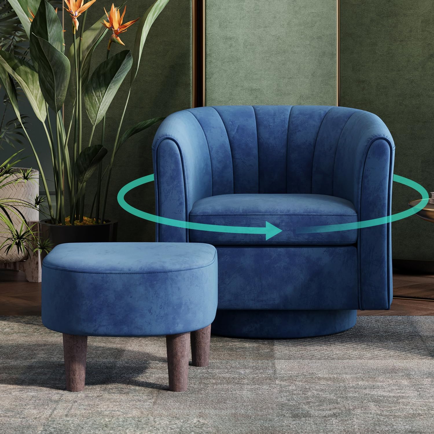 LINSY Swivel Accent Chair with Ottoman: Small Velvet Barrel Chair 360 Swivel Modern Armchair, Upholstered Reading Chair with Footrest for Living Room Bedroom Study Room (Blue)