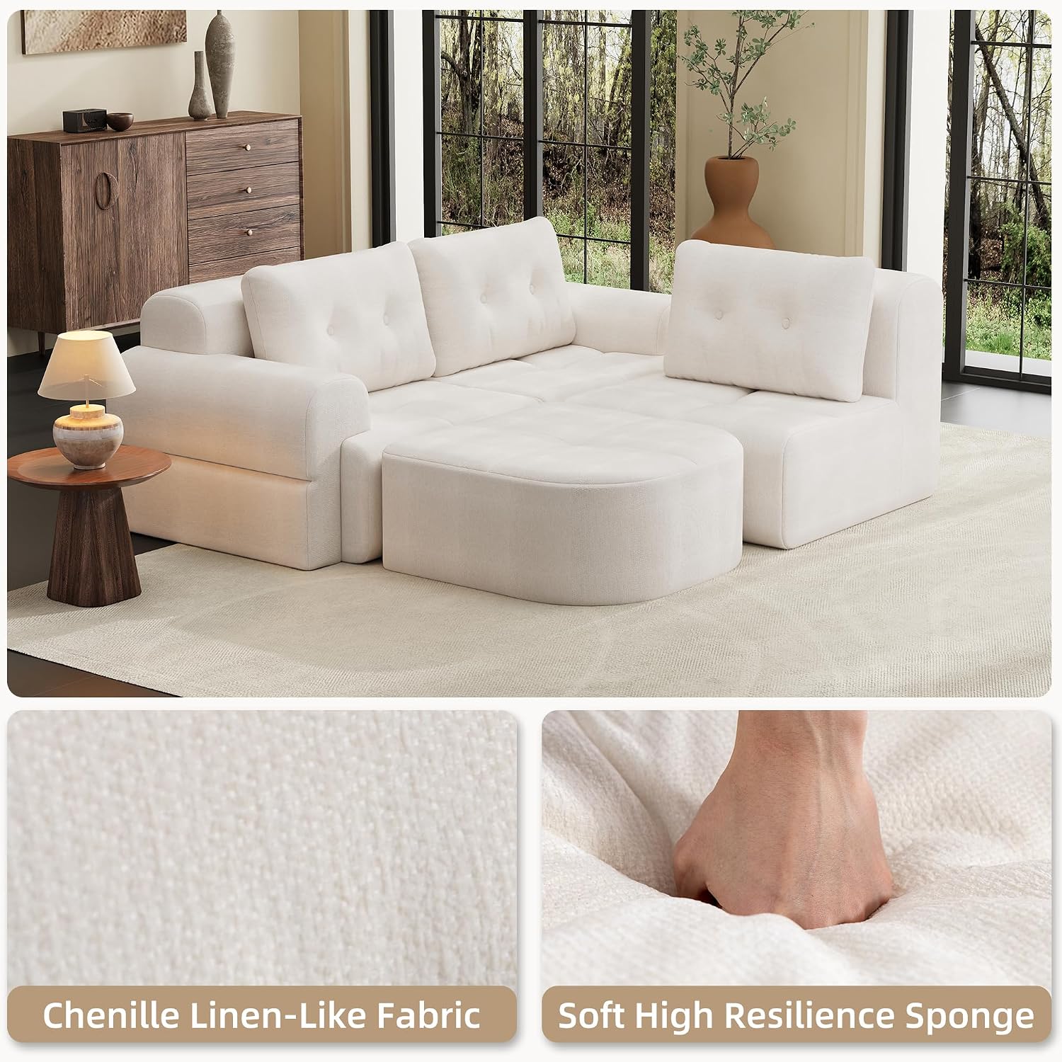 112' Compressed Boneless Sectional Sofa with Movable Ottoman Convertible L Shaped Modular Corner Couch for Living Room - Oversized Cloud Couches W/Tufted Cushions and Deep Seat
