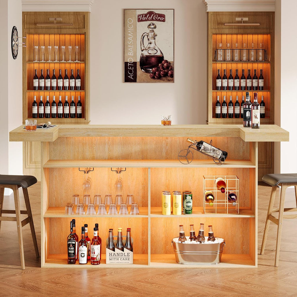Tribesigns 4-Tier Bar Table, 70.9-Inch Large Wooden Home Bar Unit with Wine Glass Holder and Black Footrest, Pub Table with Storage Shelves for Home, Patio, Basement, Oak