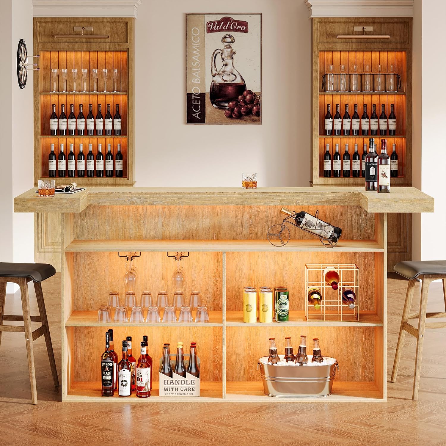 Tribesigns 4-Tier Bar Table, 70.9-Inch Large Wooden Home Bar Unit with Wine Glass Holder and Black Footrest, Pub Table with Storage Shelves for Home, Patio, Basement, Oak