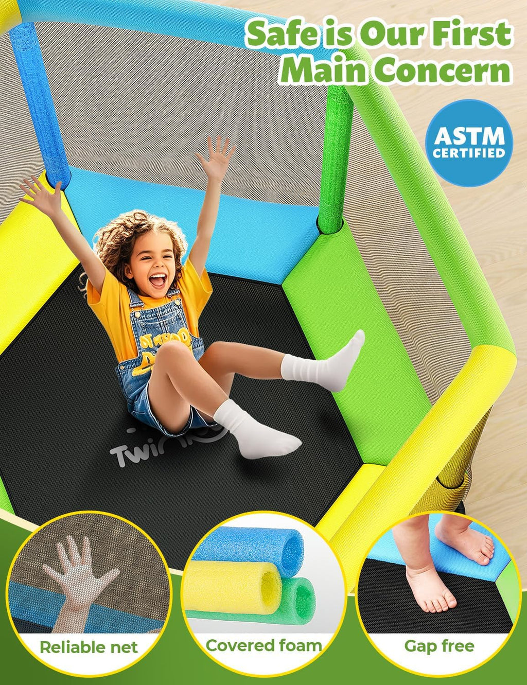 Twinkoo Toddler Trampoline for Kids with Foam Handle, Anti-Tilt Frame & Thick Padded Spring Cover, Indoor Outdoor Mini Trampoline, Easy Assembly Active Play Toy Gift for Boys Girls