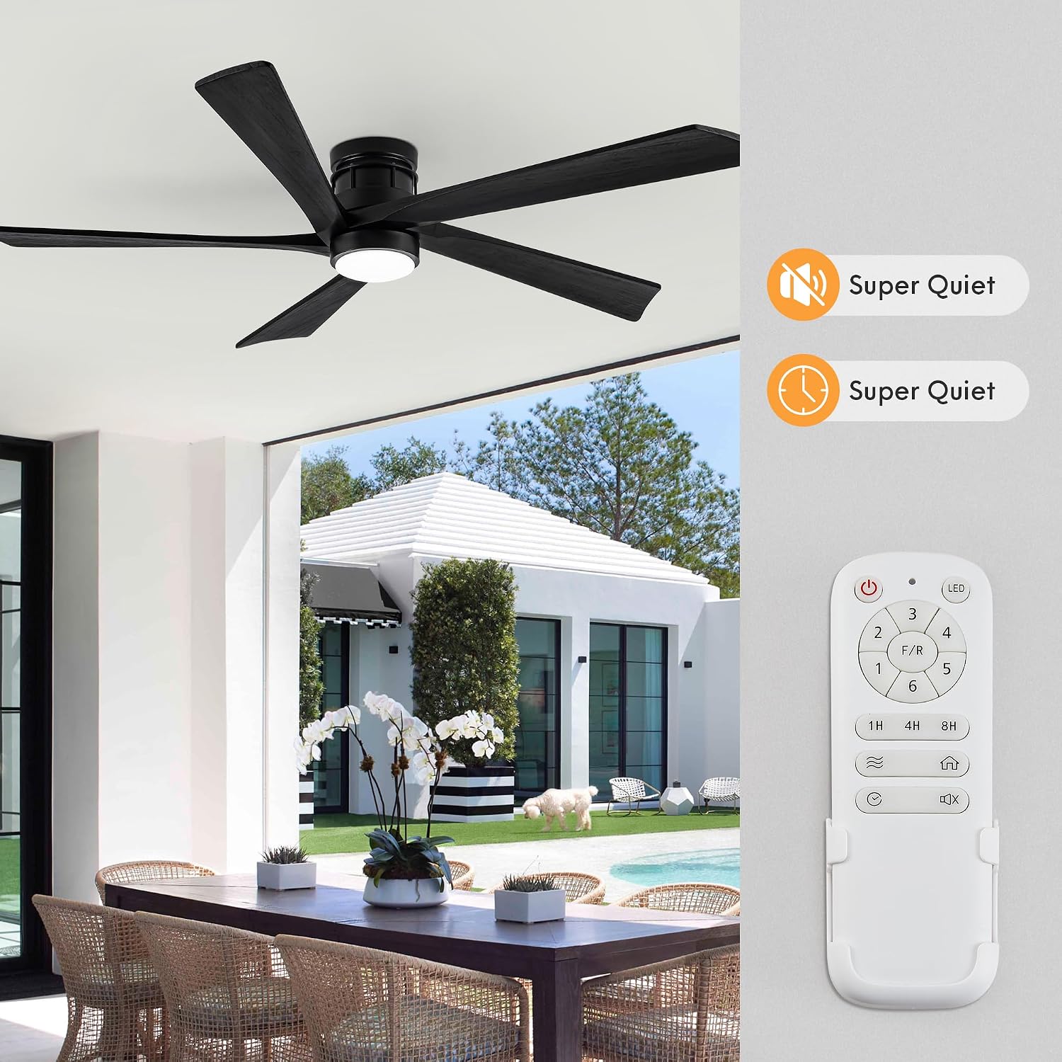 EKIZNSN 54 Inch Outdoor Low Profile Flush Mount Ceiling Fans with Lights for Patios, 110V Noiseless Reversible DC Motor, 6-Gear Speed (Black Finish with Black Blades)