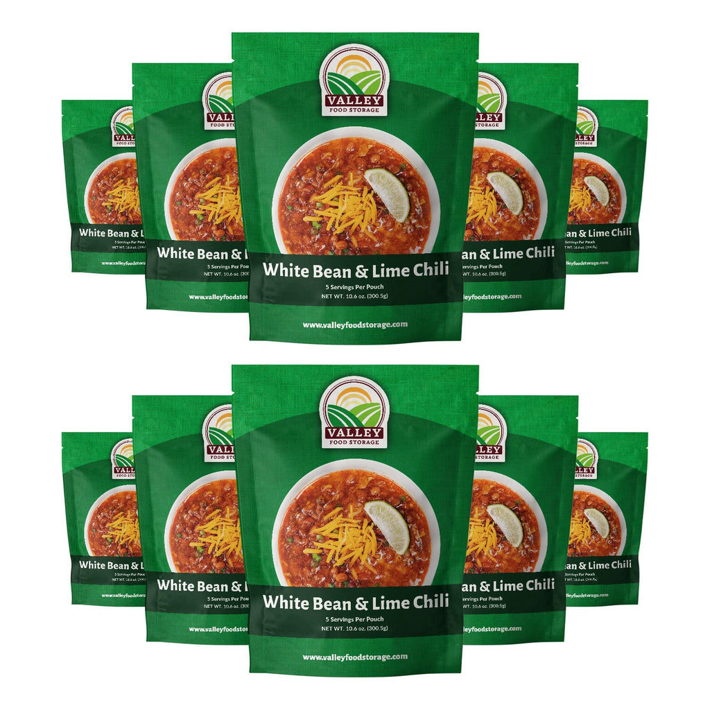 Valley Food Storage White Bean & Lime Chili | 10-Bag Bucket, 50 Servings | Premium Emergency Food Supply, 25 Year Shelf Life | Survival Meal Kits, Prepper Food & Off-Grid Living Supplies, Packaged in USA