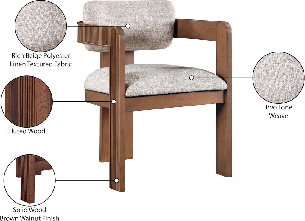Meridian Furniture Sacha Collection Art Deco Dining Chair, Solid Fluted Wood, 22.5' W x 22' D x 31' H, Set of 2 (Beige, Brown Finish, Velvet)