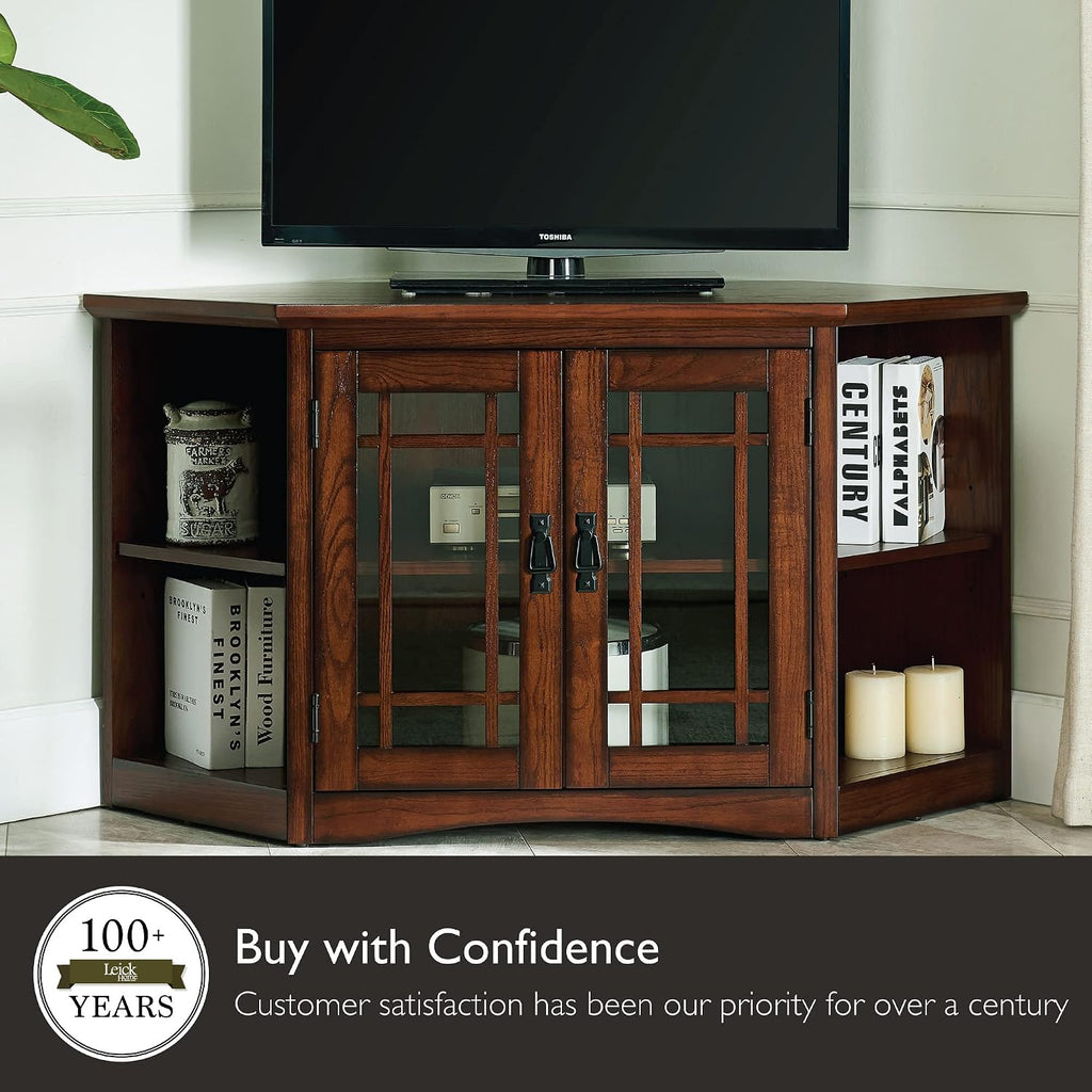 Leick Home 82287 Solid Wood Mission Oak Two Door Corner TV Stand For 50' TVs Living Room Storage Shelves Entertainment Center, Mission Oak TV Console