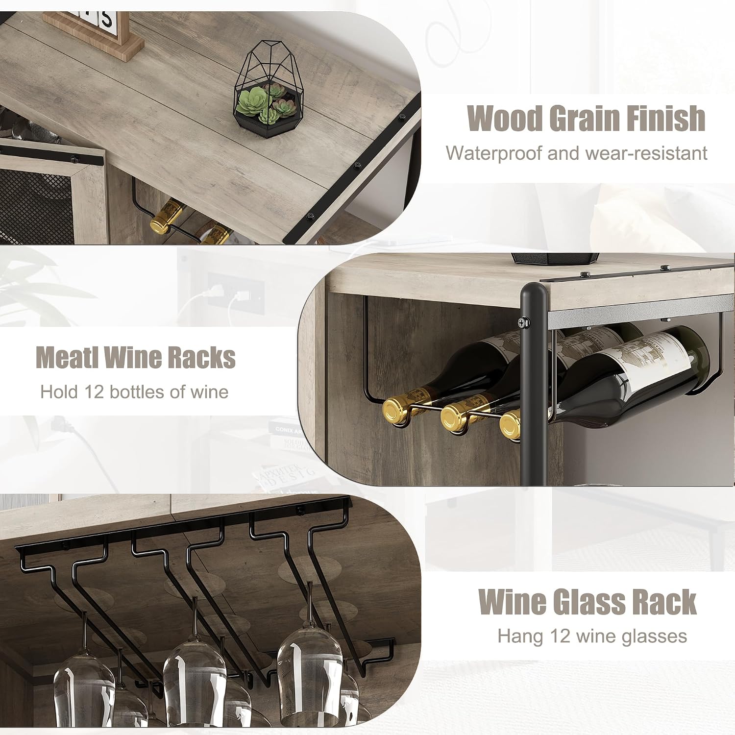 GAOMON Wine Bar Cabinet, Liquor Cabinet for Liquor and Glasses, Industrial Bars & Wine Cabinets with Storage and Wine Rack, Home Bar Furniture for Dining Room, Living Room, Kitchen (Grey)