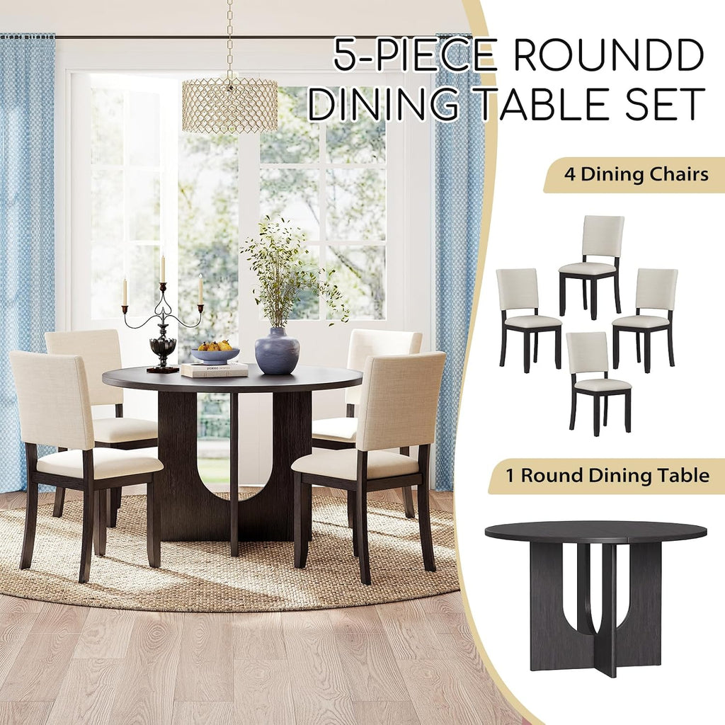 Zevemomo 47.3' Round Solid Wood Dining Table Set for 4, 5-Piece Kitchen Table Set with 4 Upholstered Chairs, Modern Round Dining Sets for Kitchen, Living Room, Black