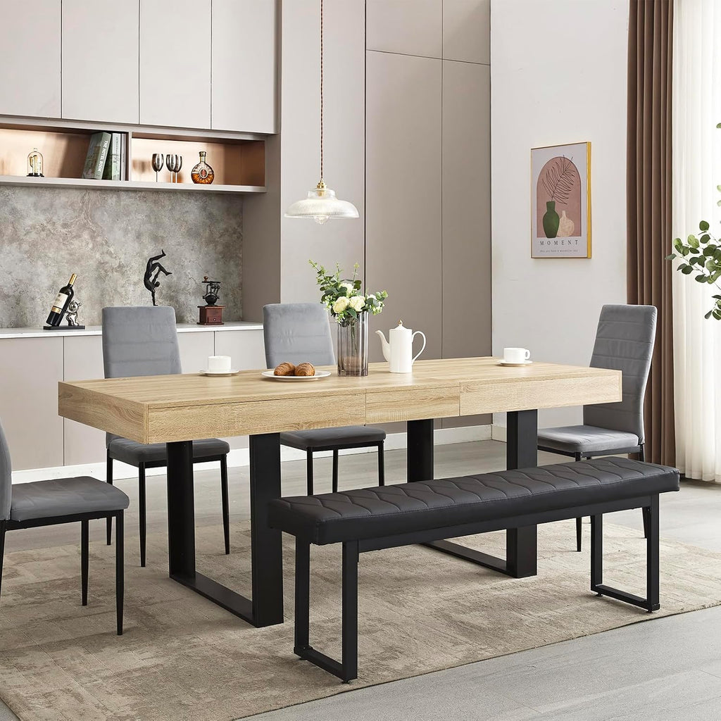 STHOUYN 63'-79' Extendable Dining Room Table Desk for 6 8 10, Modern Rustic Kitchen Expanding Table, Wooden Long Large Expandable Dining Room Conference Table for Kitchens (Natural Oak)