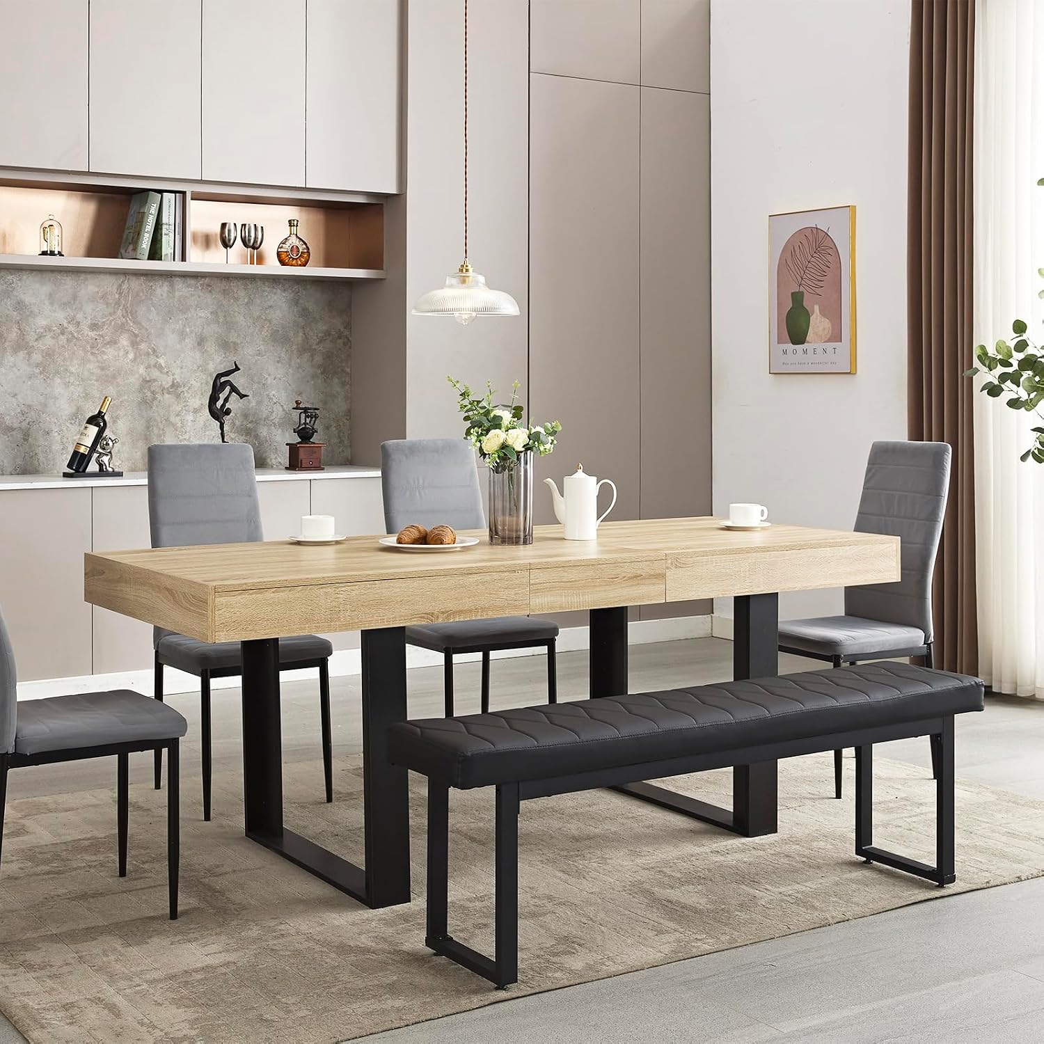 STHOUYN 63'-79' Extendable Dining Room Table Desk for 6 8 10, Modern Rustic Kitchen Expanding Table, Wooden Long Large Expandable Dining Room Conference Table for Kitchens (Natural Oak)