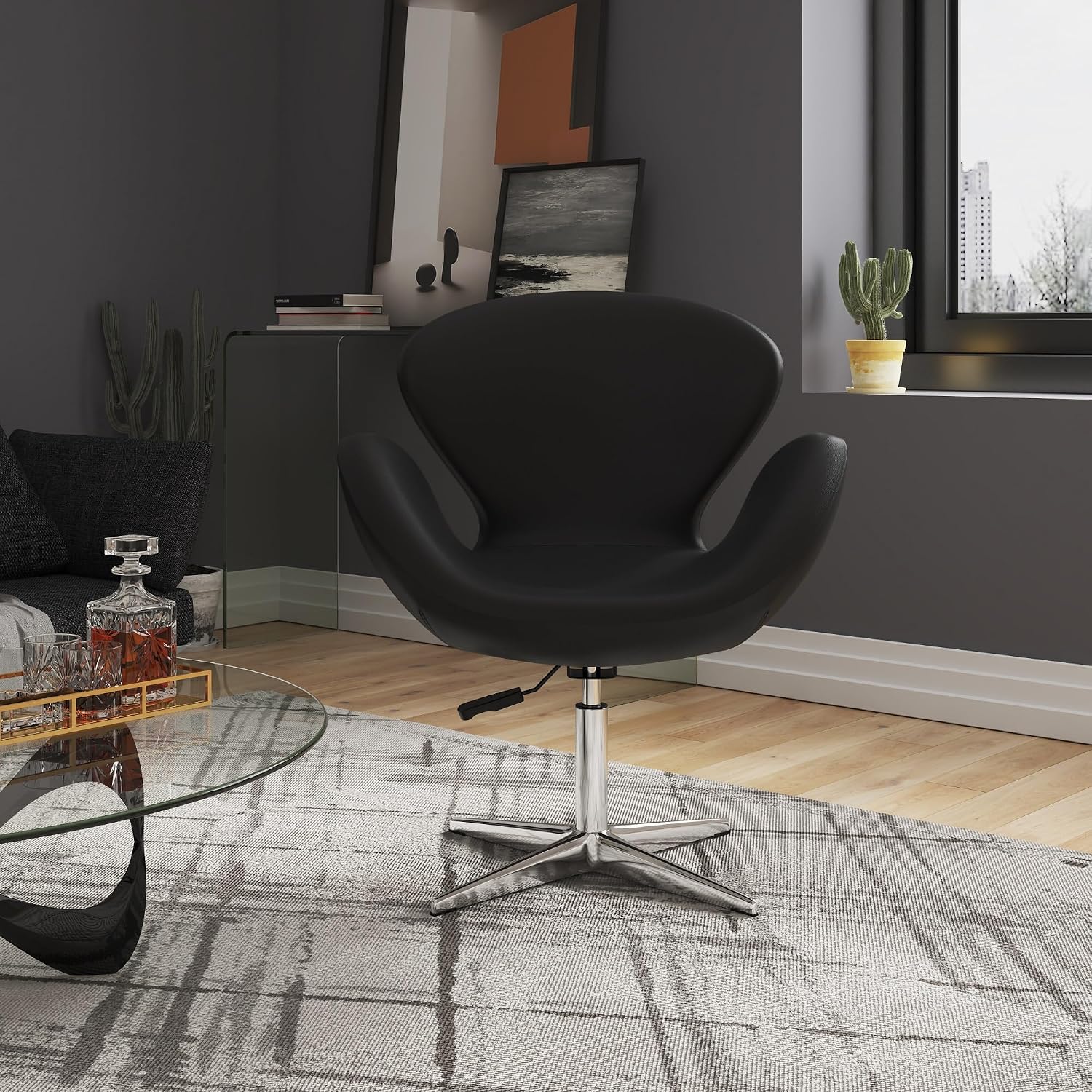 Manhattan Comfort Raspberry Adjustable Swivel Accent Chair with 360° Turn, Polished Chrome Base, Modern Retro Design, Versatile Seat Ideal for Any Room, Set of 2, Black