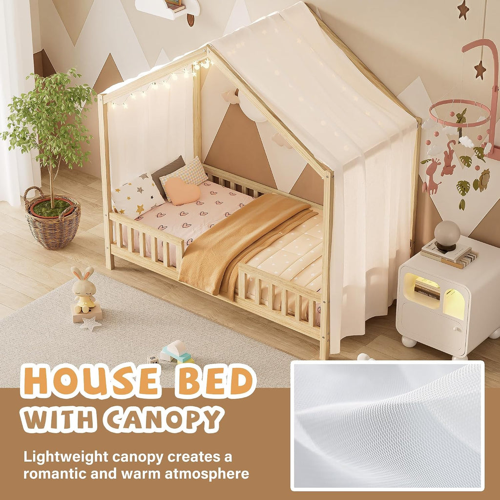 Bellemave Twin House BedFrame with Canopy, Montessori Floor Bed, House Bed with Rails for Kids, Natural