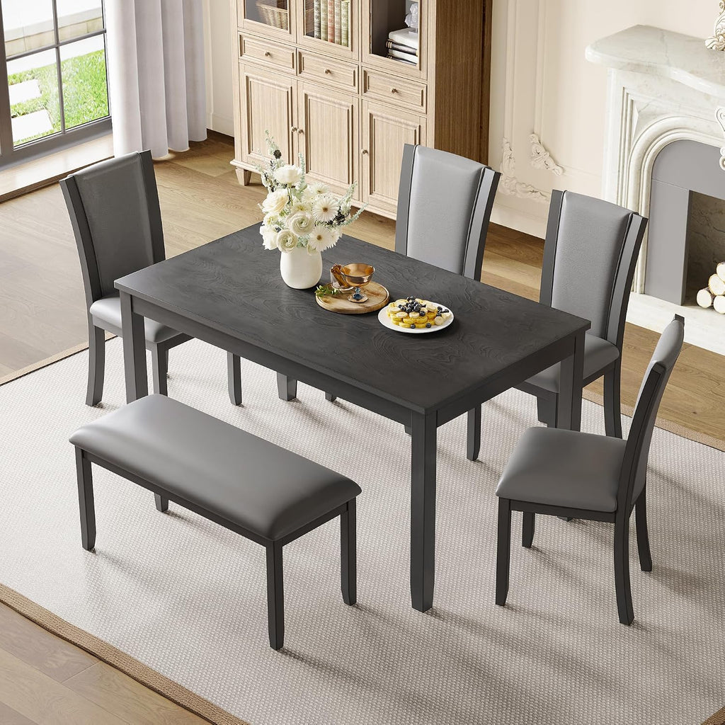 6-Piece Dining Table Set with Bench and Chairs - Solid Wood Kitchen Dining Room Table Set in Farmhouse Rustic Style, Table Set for 6 with 4 Chairs and Bench Seat.(Dark Gray_Large)