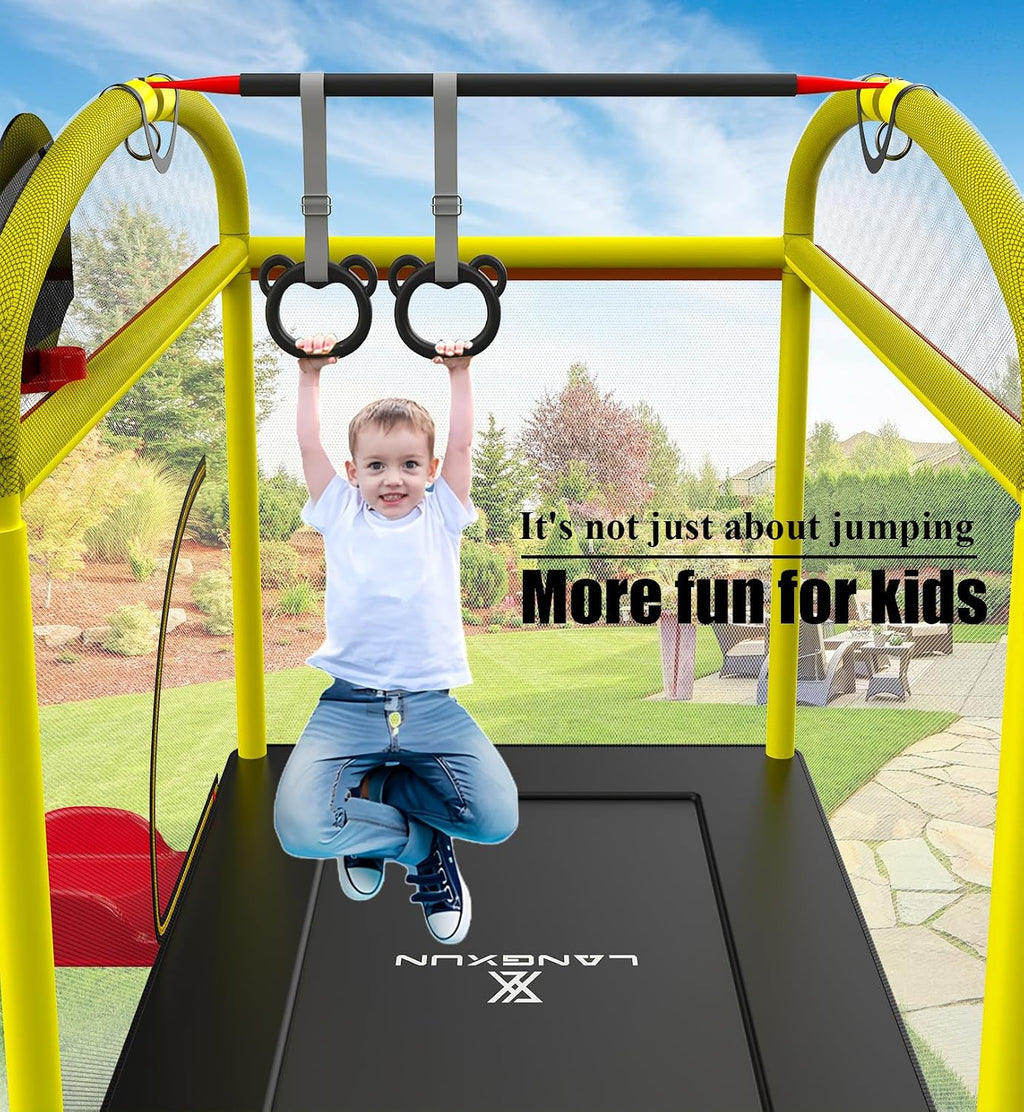 6.5FT Rectangle Trampoline with Swing Basketball Outdoor Climb Slide Trampoline for Kids Recreation Trampolines with Enclosure Safety Net