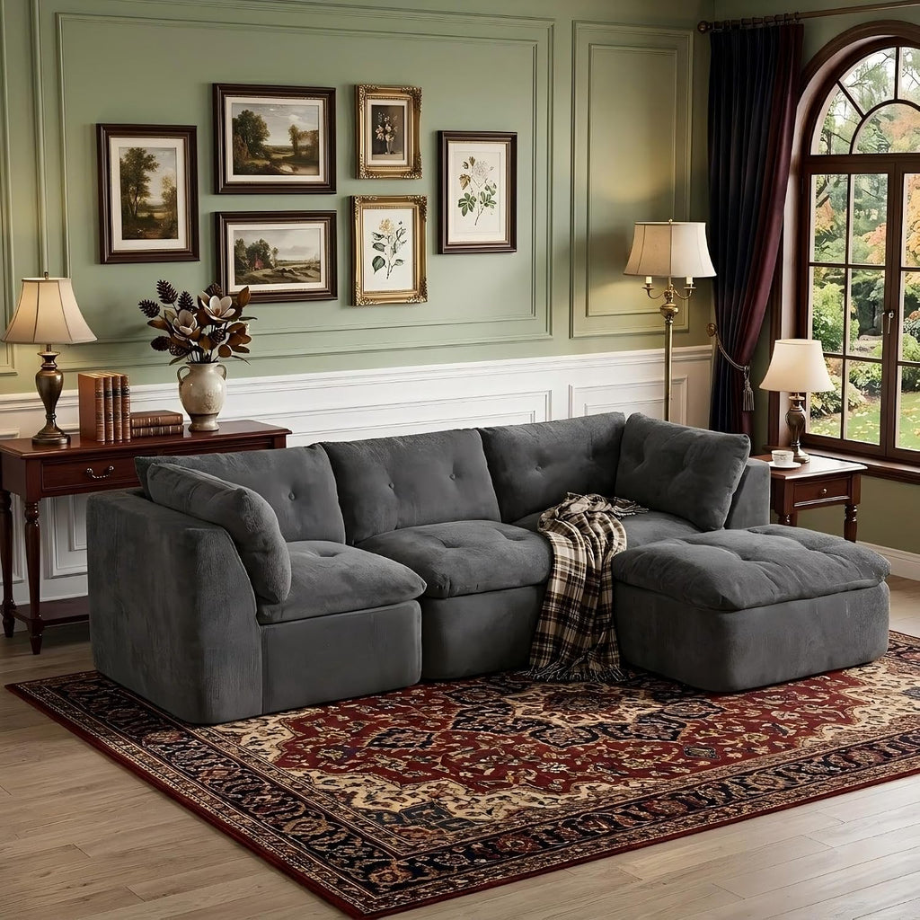 Tufted Cushions Cloud Sectional Boneless Sectional Sofa with Movable Ottoman, 112' Oversized Modular Convertible L Shaped Corner Couch with Deep Seat,Memory Foam Compressed Sofa