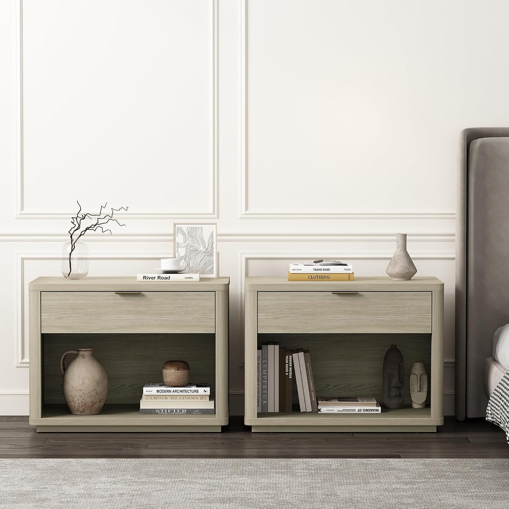 Manhattan Comfort Evelyn Set of 2 Nightstands with Drawer and Open Shelf, Minimalist Bedside Table with Rounded Corners & Raised Base, Modern Night Stand for Bedroom, or Living Room in Natural Oak