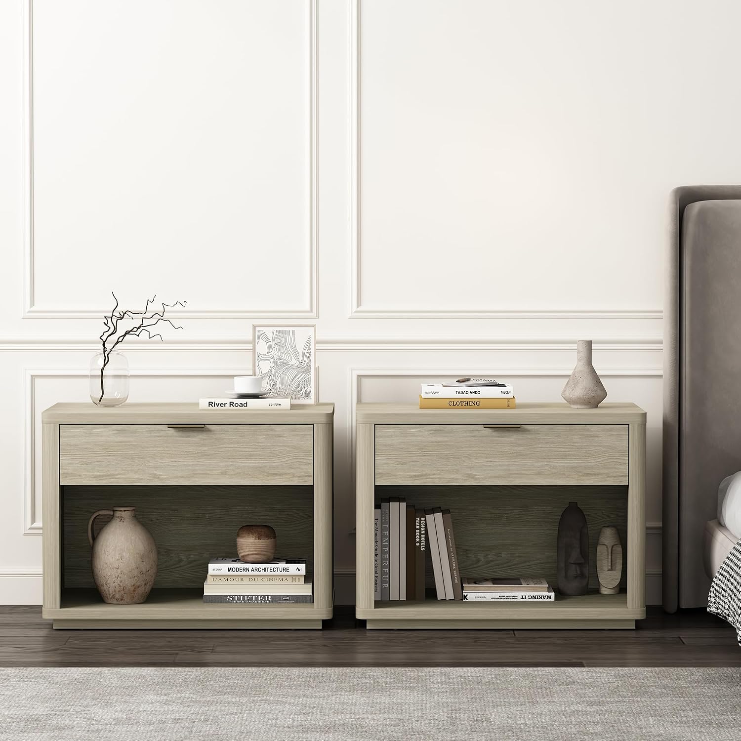 Manhattan Comfort Evelyn Set of 2 Nightstands with Drawer and Open Shelf, Minimalist Bedside Table with Rounded Corners & Raised Base, Modern Night Stand for Bedroom, or Living Room in Natural Oak