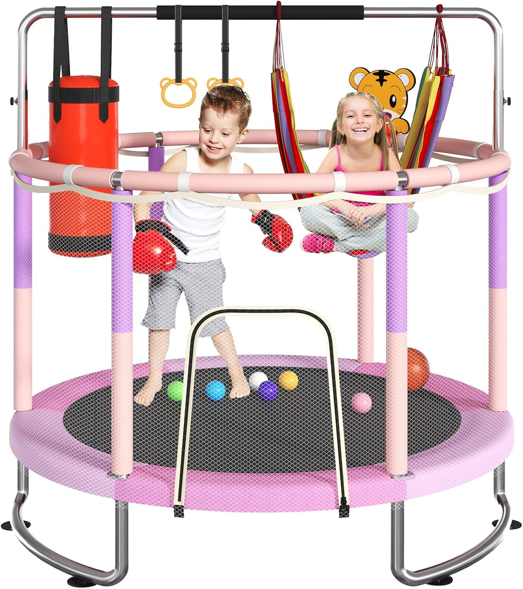 Trampoline for Kids, Upgrade Full Anti-Rust 440lbsToddler Trampoline with Net,Upgraded Ring Legs with Adjustable Gymnastics Bar&Toys, Gifts for Ages 1-8 Boys&Girls
