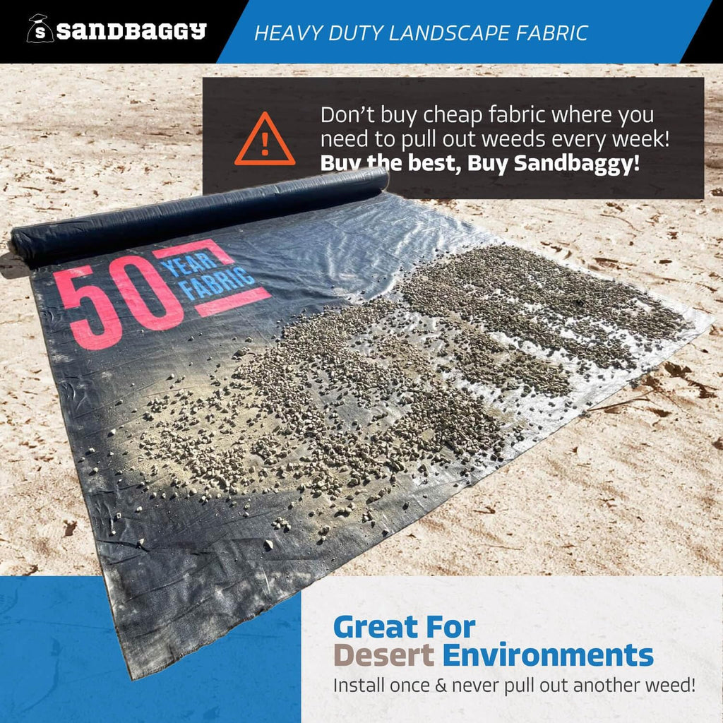 Sandbaggy 6 ft Heavy Duty Landscape Fabric | 50 Year Fabric | 6 oz Extra Thick Weed Barrier & Ground Cover for Rock & Gravel Landscaping | UV Resistant | 365 Weed Free Guarantee (1, 6 ft x 150 ft)