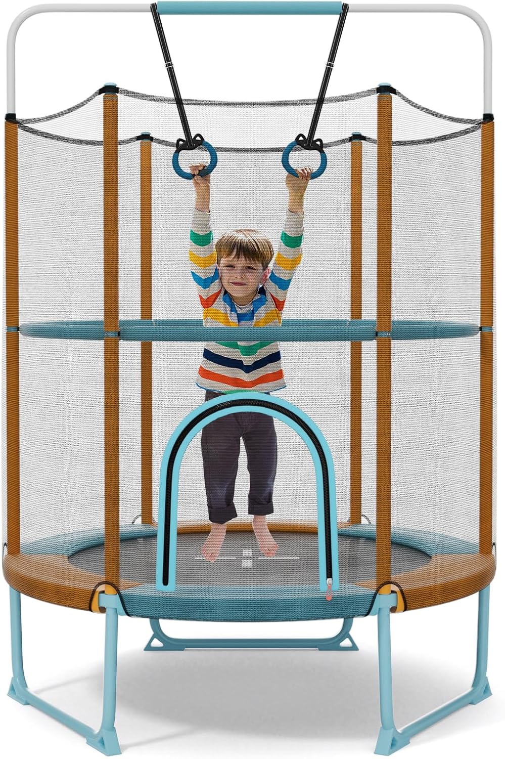 Goplus 60'' Trampoline for Kids, 3-in-1 Toddler Trampoline with Gymnastic Bar, Swinging Rings, Heightened Safety Enclosure Net, 5 FT Indoor Outdoor Recreational Rebounder for Boys Girls